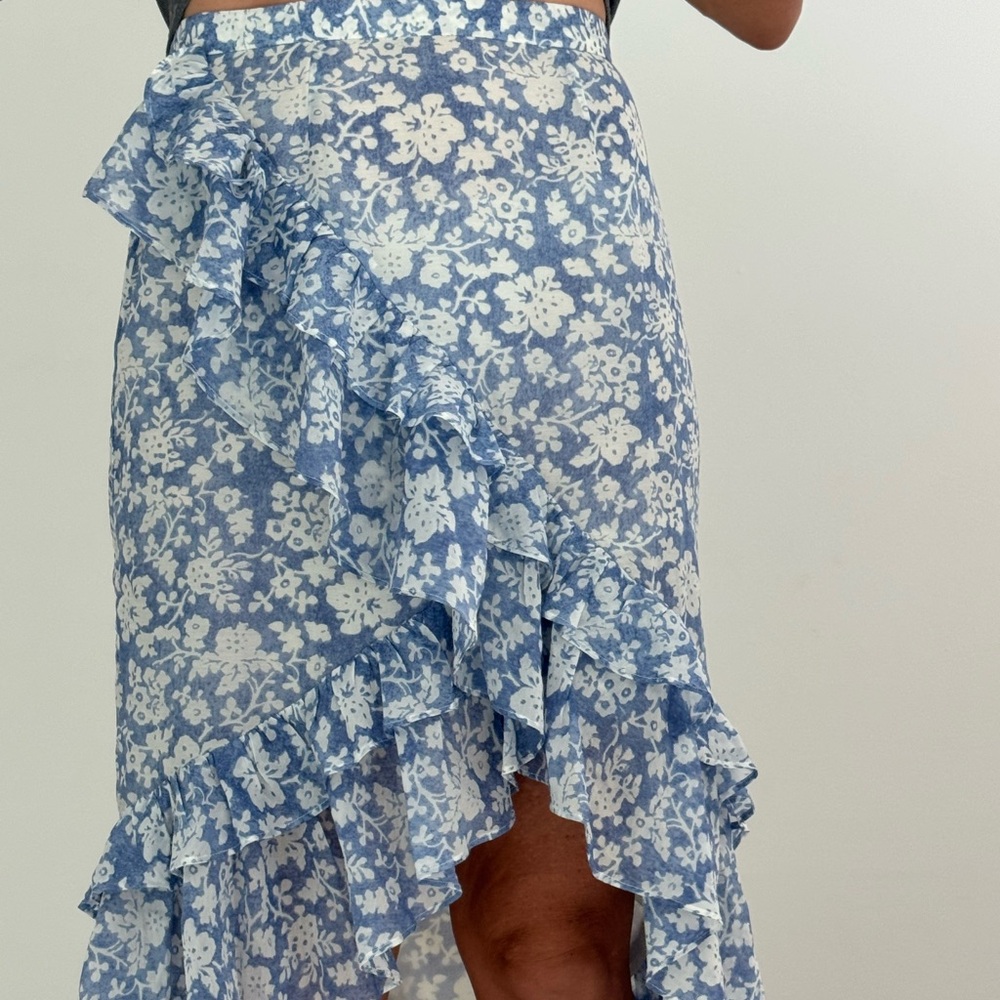 Love Shack Fancy Liza assymetrical skirt in blue floral